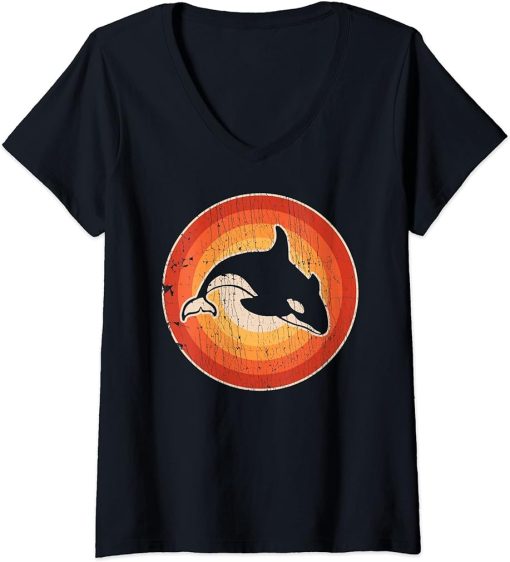 Womens Orca Killer Whale Retro Vintage 60s 70s Sunset Sea Animal V-Neck T-Shirt