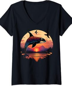 Womens Colourful mystical orca whale watching dolphin pottwhale orca whale V-Neck T-Shirt