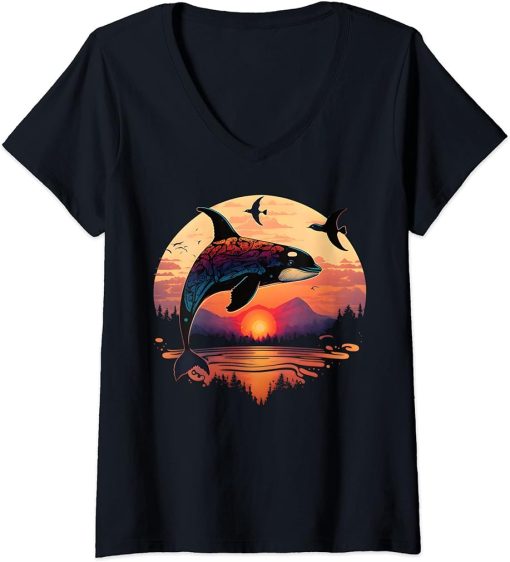 Womens Colourful mystical orca whale watching dolphin pottwhale orca whale V-Neck T-Shirt