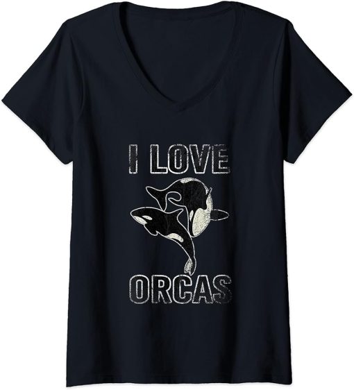 Womens I Love Orcas Orca V-Neck T-Shirt